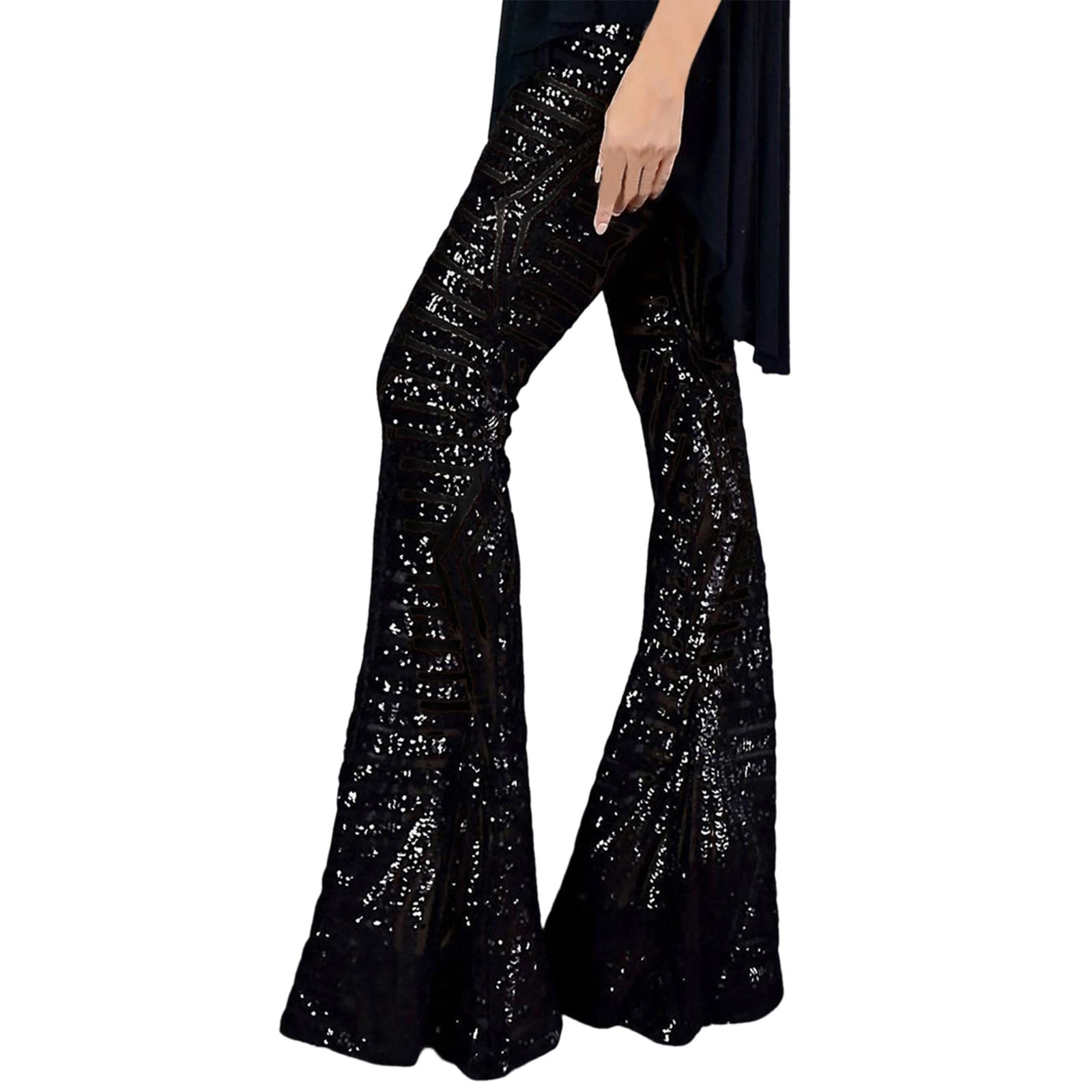 Generico Pantaloni Eleganti Donna Elegante con Paillettes Zampa Casual Pantaloncini Extra Lunghi Pantalone Culotte Streetwear Completo Larghi Elasticizzati Gamba
