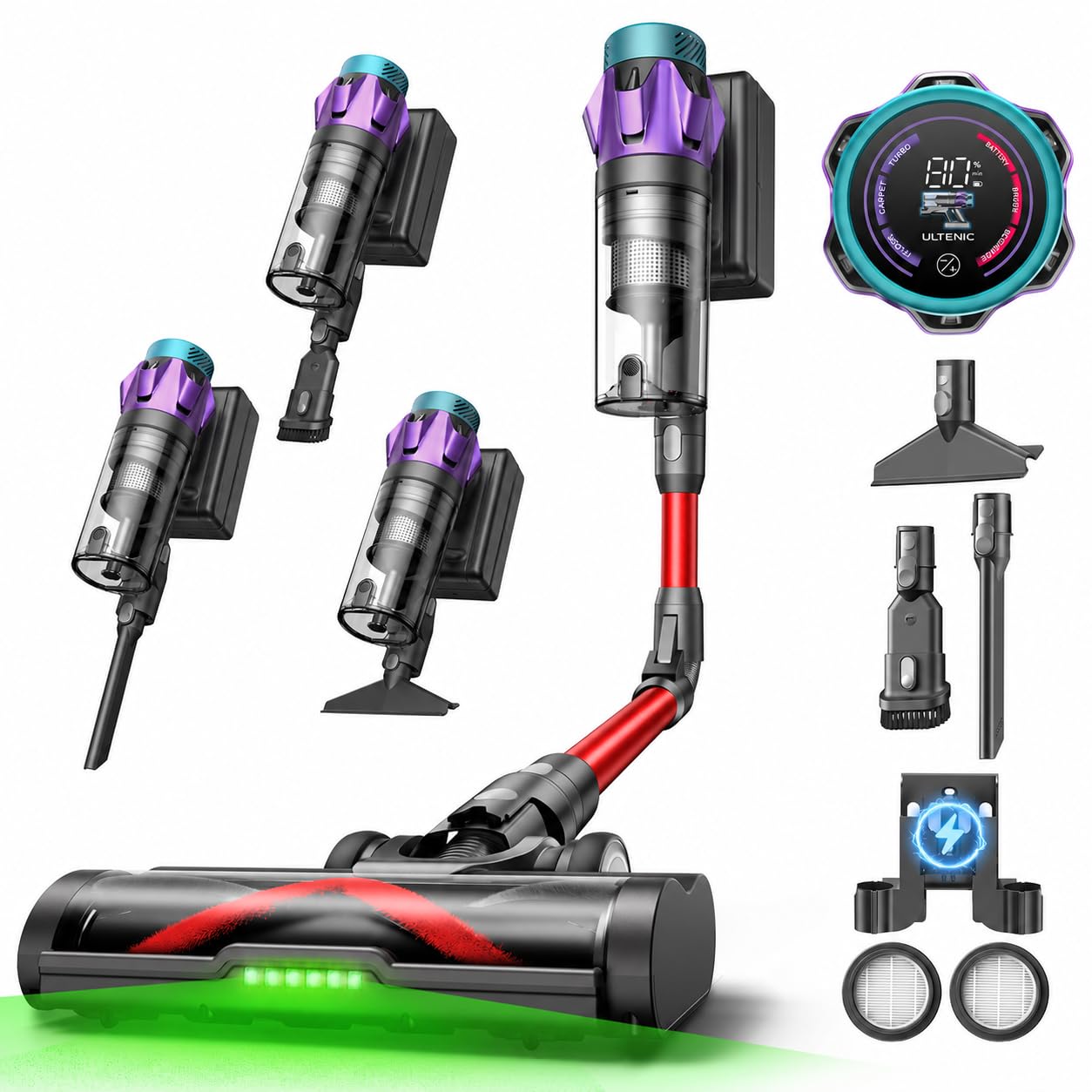 Ultenic U18Pro Cordless Vacuum Cleaner 55Kpa/80Mins, Multi-Cyclone System, Display with Time Remaining in Minutes and Cleaning Without Bending Down, Anti-Tangle Broom Vacuum Cleaner for Pet Hair and