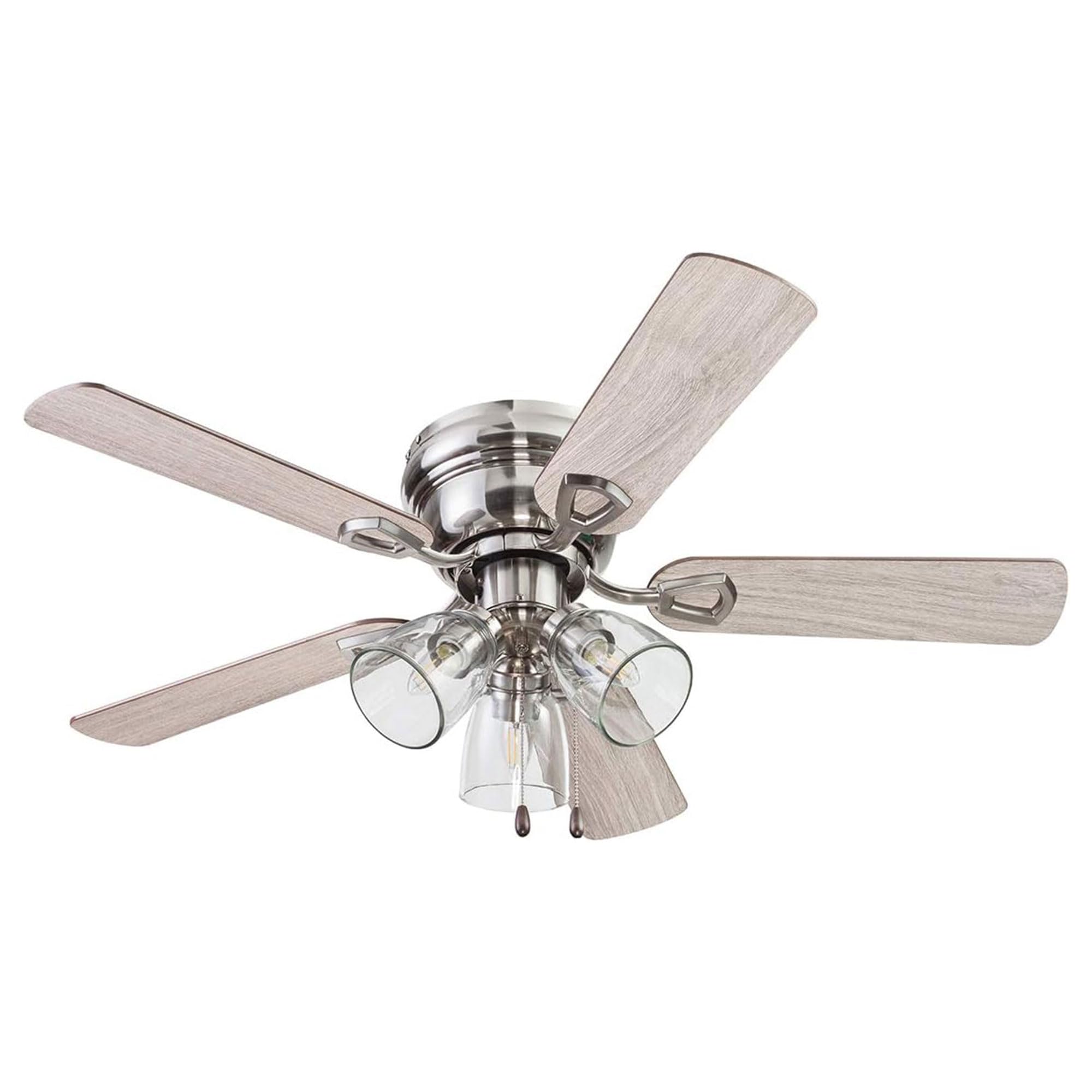 Portage Bay Ceiling Fans Renton 42" Brushed Nickel Indoor Fan with Clear 3 Light LED Multi Arm; E26/B11 Bulb and Pull-Chains, Traditional Style, 5 Reversible Barnwood/Dark Chestnut Blades, 51437
