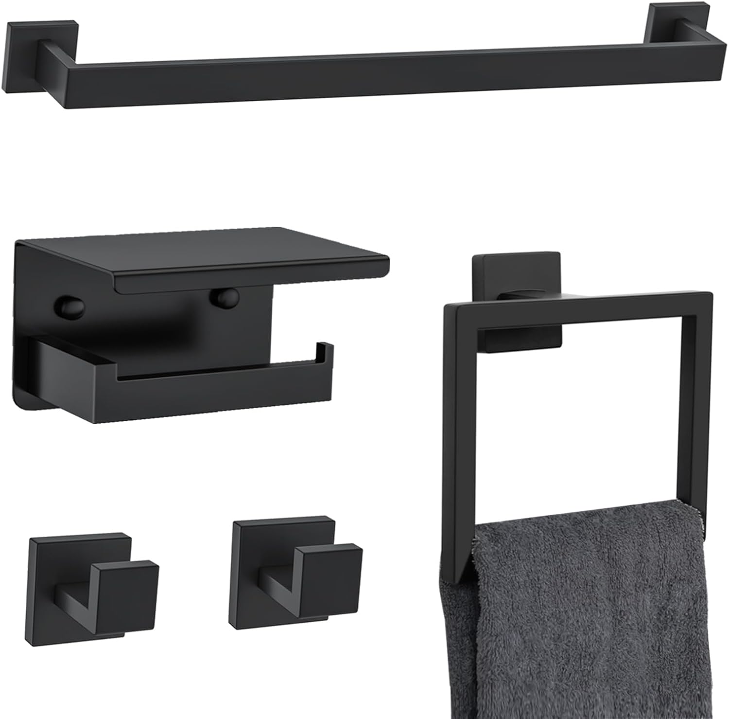 5 Pieces Black Towel Bar Set Bathroom Hardware Accessories Set Upgraded Toilet Paper Holder with Shelf Towel Holder Set for Bathroom Stainless Steel Wall Mounted 5pcs-black