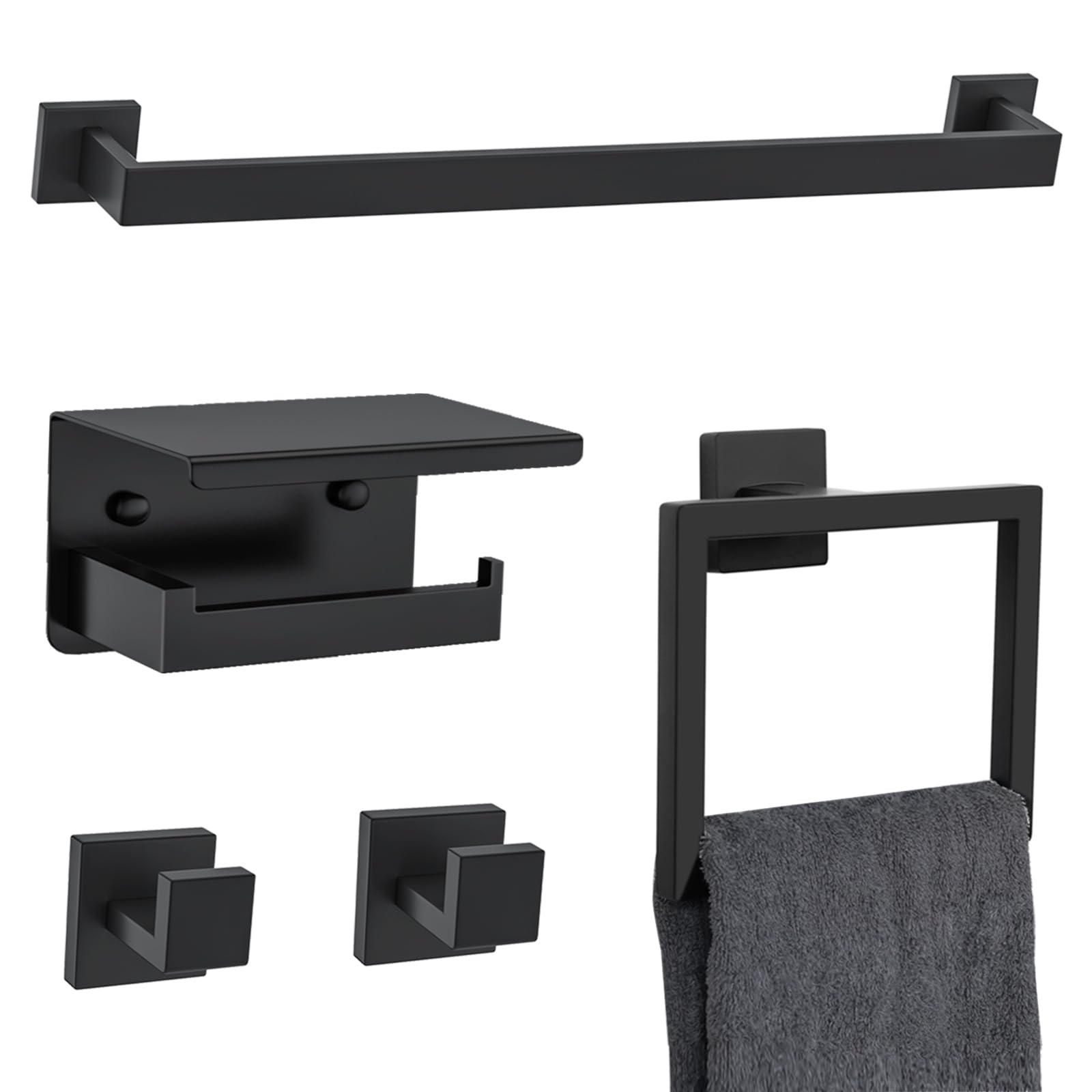 5 Pieces Black Towel Bar Set Bathroom Hardware Accessories Set Upgraded Toilet Paper Holder with Shelf Towel Holder Set for Bathroom Stainless Steel Wall Mounted
