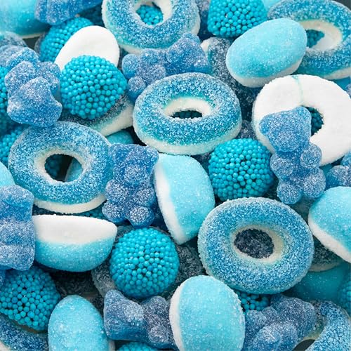 Blue Candy Mix | 1-Pound Bag | Blue Raspberry Candy | Sweet & Sour Gummies for Gender Reveal | Baby Shower Party Favors for Boy | Gummi Bears, Nonpareil Berries, Gummy Rings & Puffs