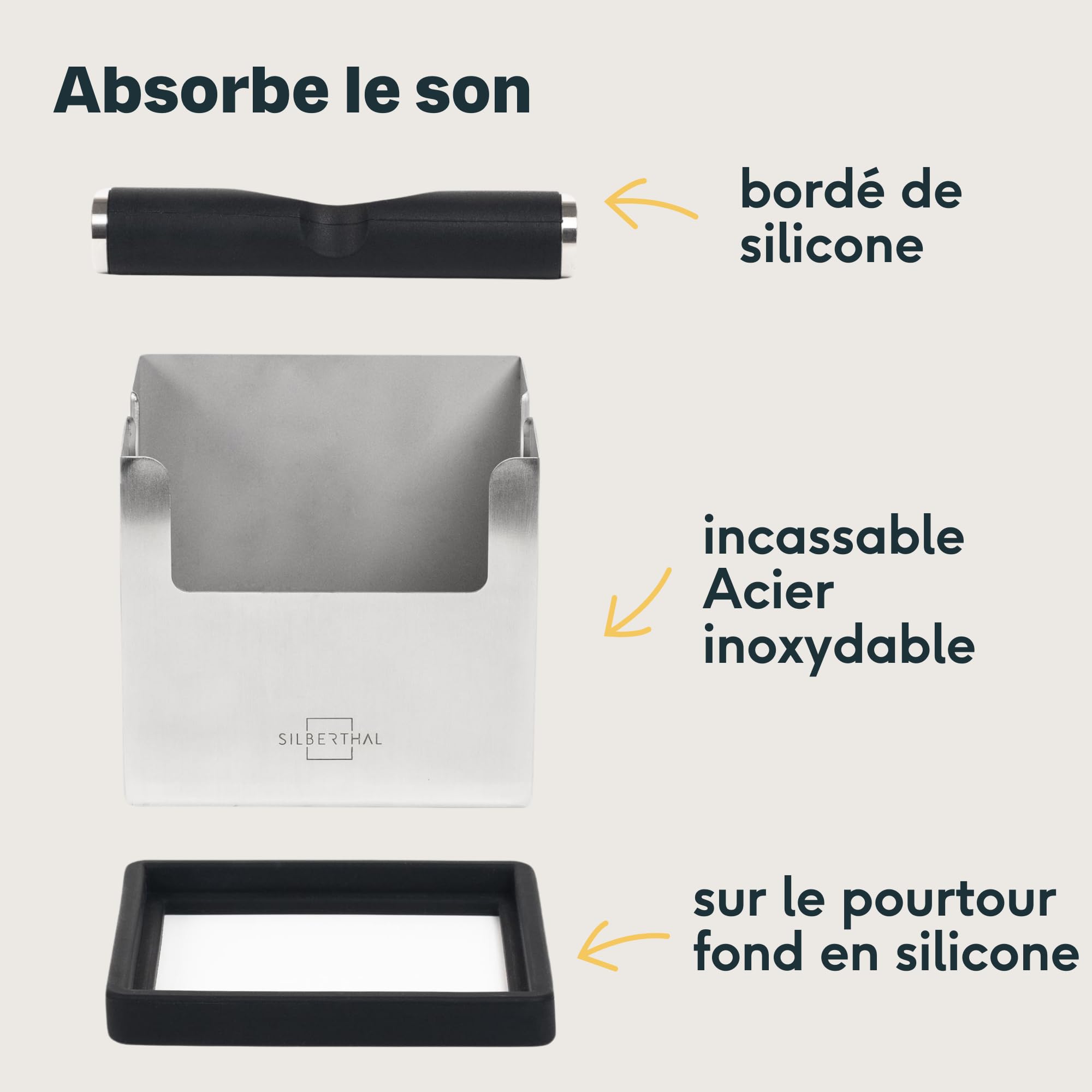 SILBERTHAL Boîte Bac Marc de Café Inox Avec Porte Version 2.0 - Knock Box - Filtre Intégré En Silicone - Usage Silencieux Et Sable - Idéal Pour Barista