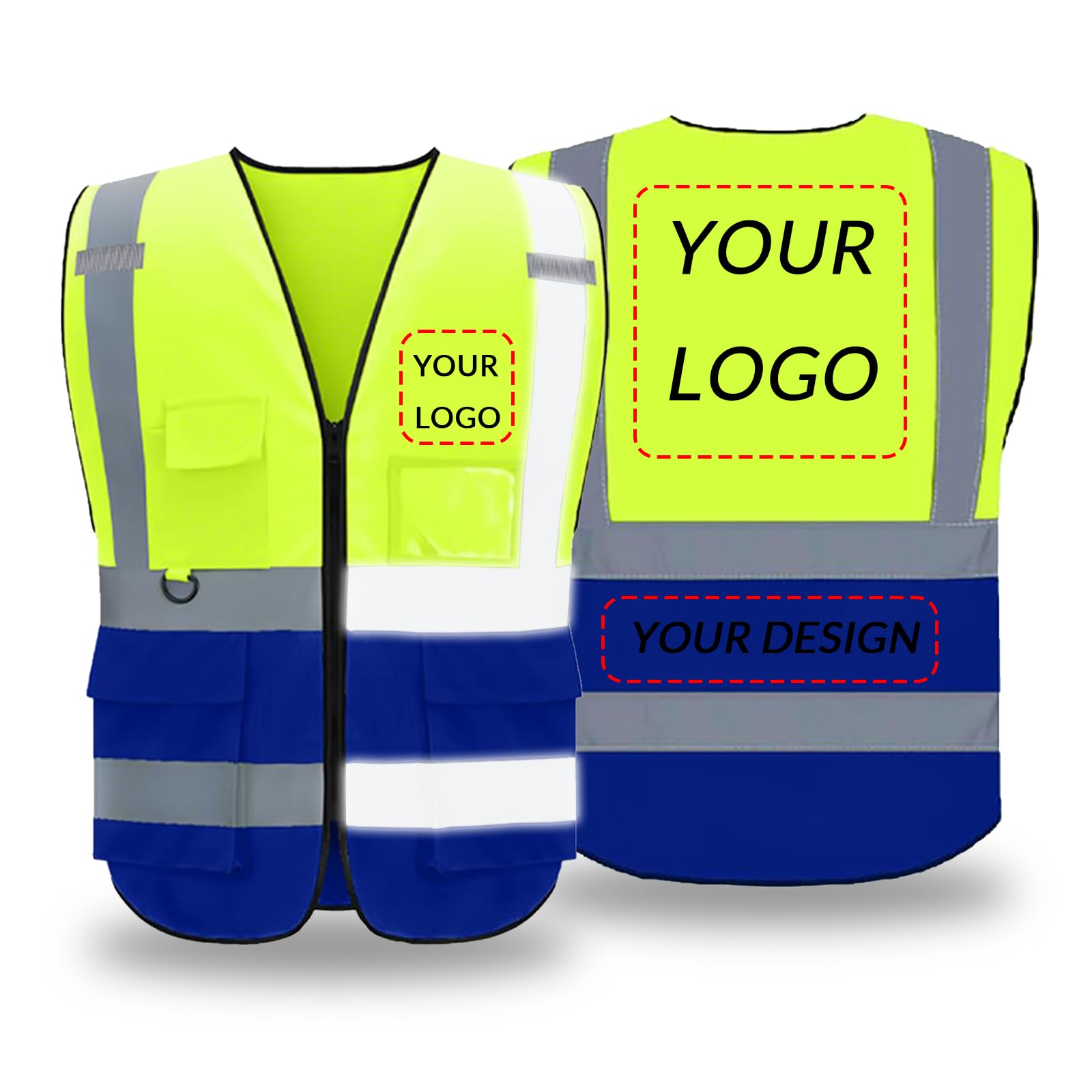 Custom Logo Safety Reflective Vest with Multi Pockets and Zipper Class 2 High Visibility Strip Outdoor Construction Workwear