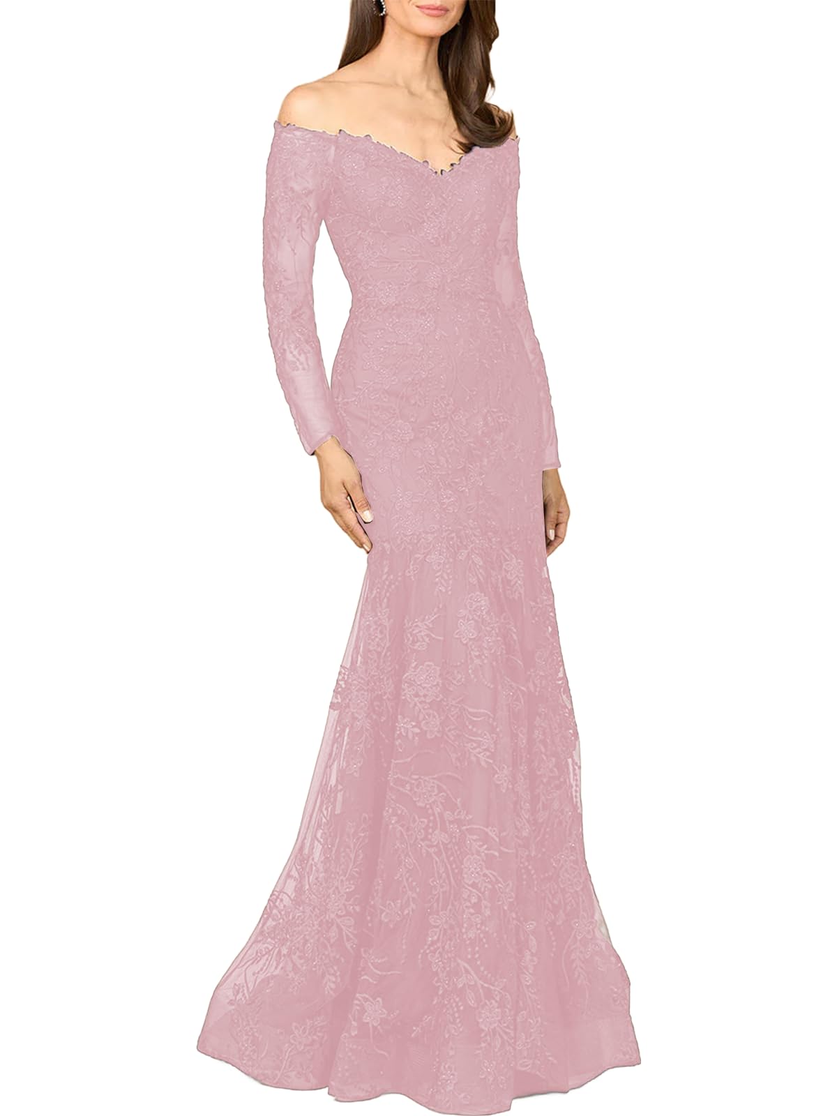 Mother of The Bride Dresses Floor Length Lace V Neck Long Sleeve Elegant Mermaid Wedding Guest Gown