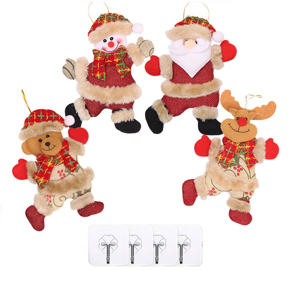 4pcs Christmas Tree Decoration with Hooks, Xmas Tree Decorative Hanging Ornaments Set, Red Color Christmas Decals, Santa/Snowman/Elk/Bear Ornaments for Tree Outside Pendant Holiday Party Decor