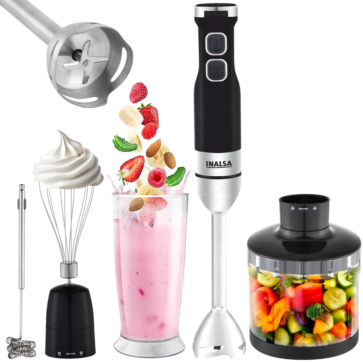 INALSA Hand Blender Mixer|1350W Copper Motor|Chopper,Coffee Beater/Frother,Whisker&Jar Attachment|Low Noise|20 Speed Control&Turbo Mode|BPA Free|Anti-Splash|2-Yr Warranty,Robot INOX 1350 Blend N Froth