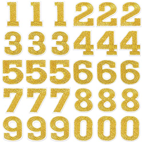30 Pieces Numbers Patches Iron on Numbers Patches 0-9 Number Decorative Repair Patches Sew on Embroidered Applique Patches for Baseball Football Jean Hat Jacket Shirts (Gold,1.25 Inches)