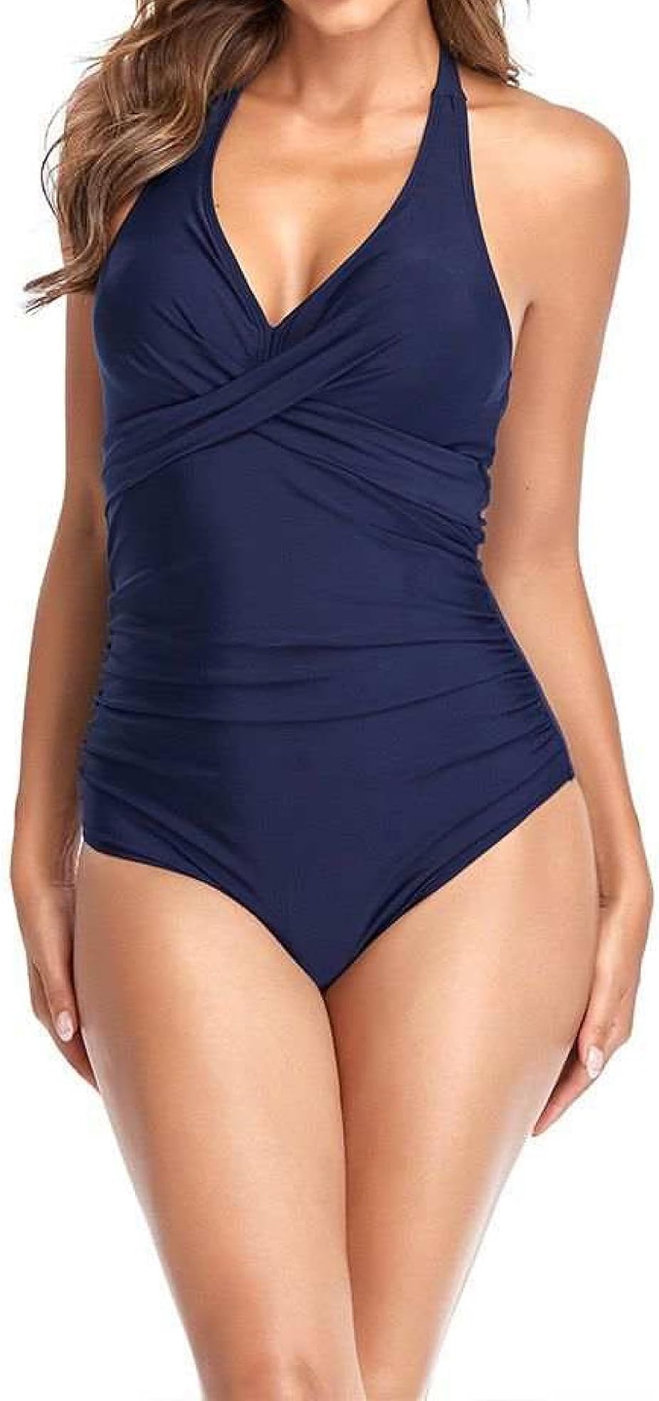 FOXYLITWomen's Twist Front One Piece Swimming Costume Halter Neck Swimsuit Ladies Tummy Control Swimwear