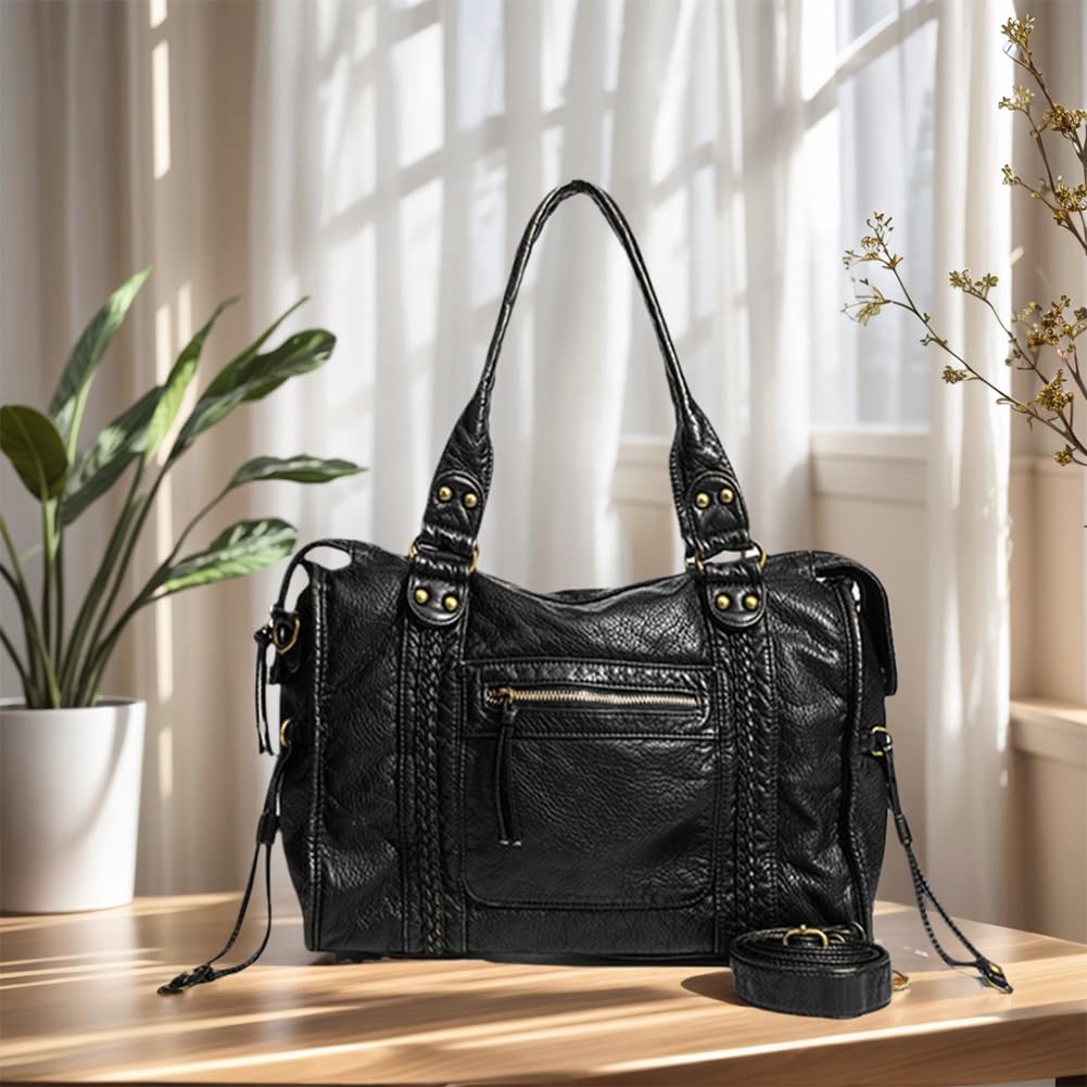 Bolso de hombro retro de cuero para mujer con bolsillos Bolsos de utilidad Bolso de hombro Bolso con asa superior para uso diario