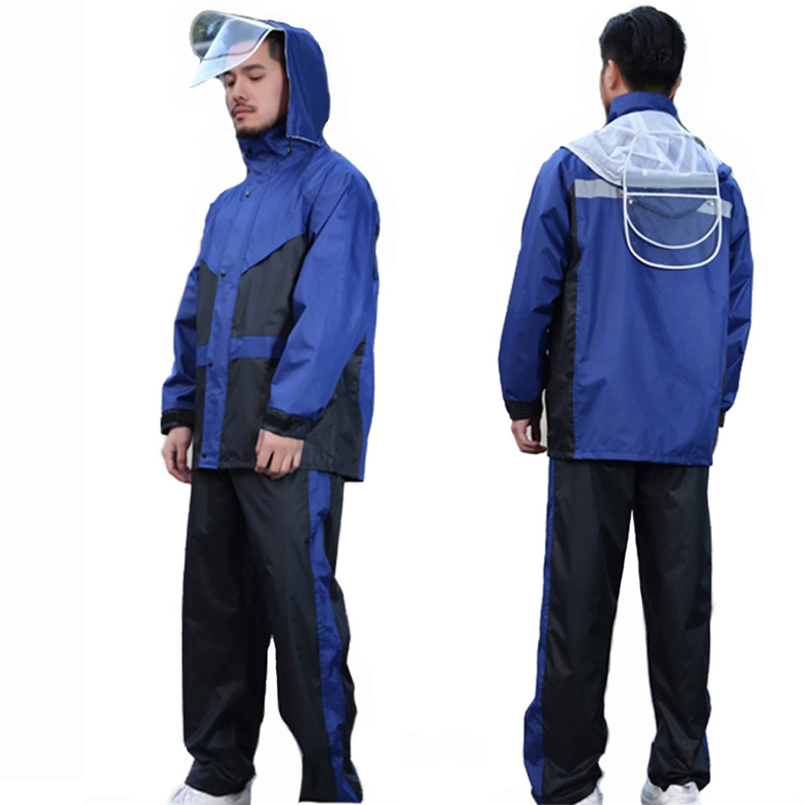 Ropa de Trabajo Divide el Traje de Lluvia Chaqueta y Pantalones Set para Hombres, Impermeables, Ligeros, Transpirables en Equipo de Lluvia con Capucha para el Trabajo Camping Pesca - Azul