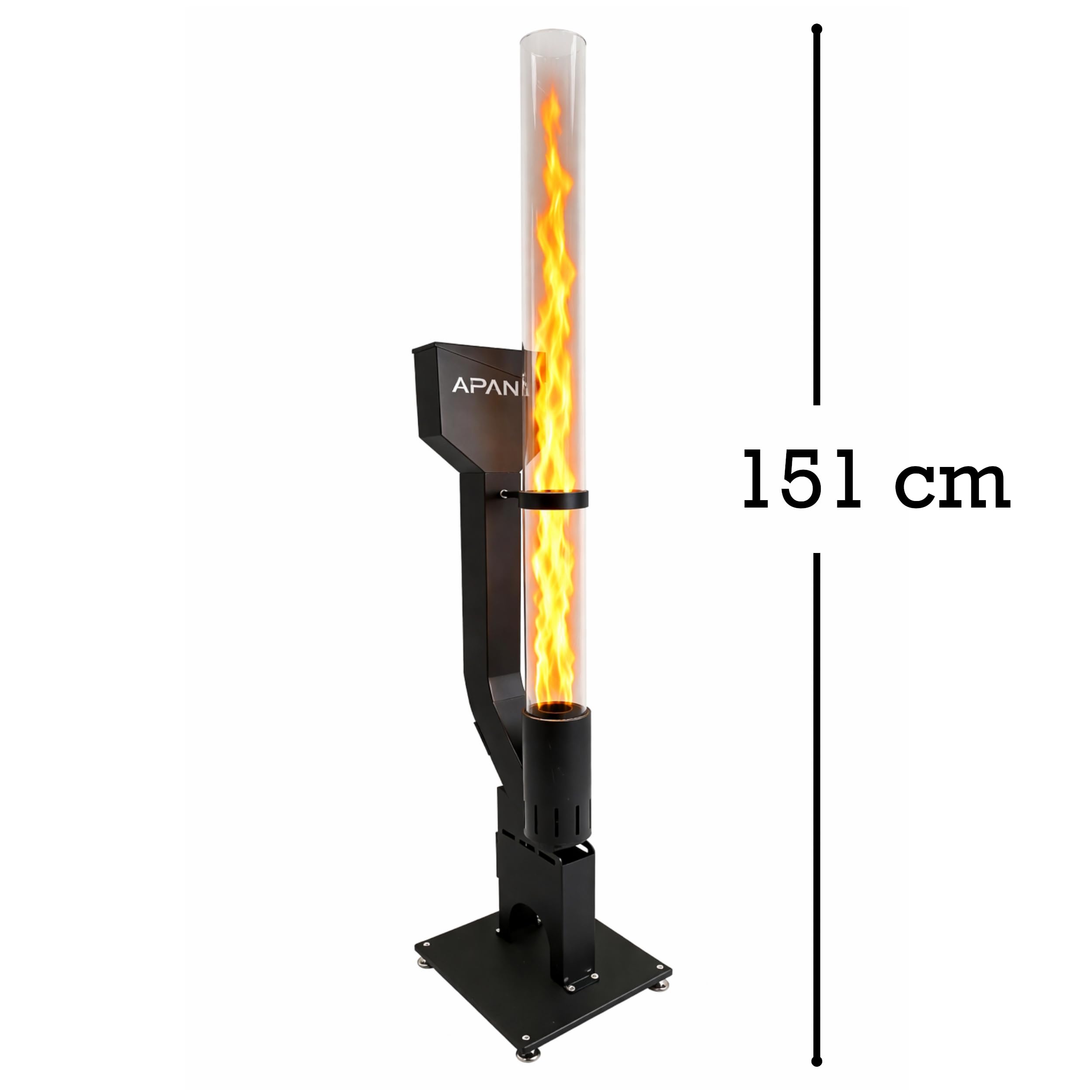 APANA Pelletfackel Flame für Holzpellets Outdoor Feuerfackel Gartenfackel mit hitzebeständiger Glasröhre bis 450°C, Stahl schwarz pulverbeschichtet, Schaufel-Abdeckung für sauberes Befüllen
