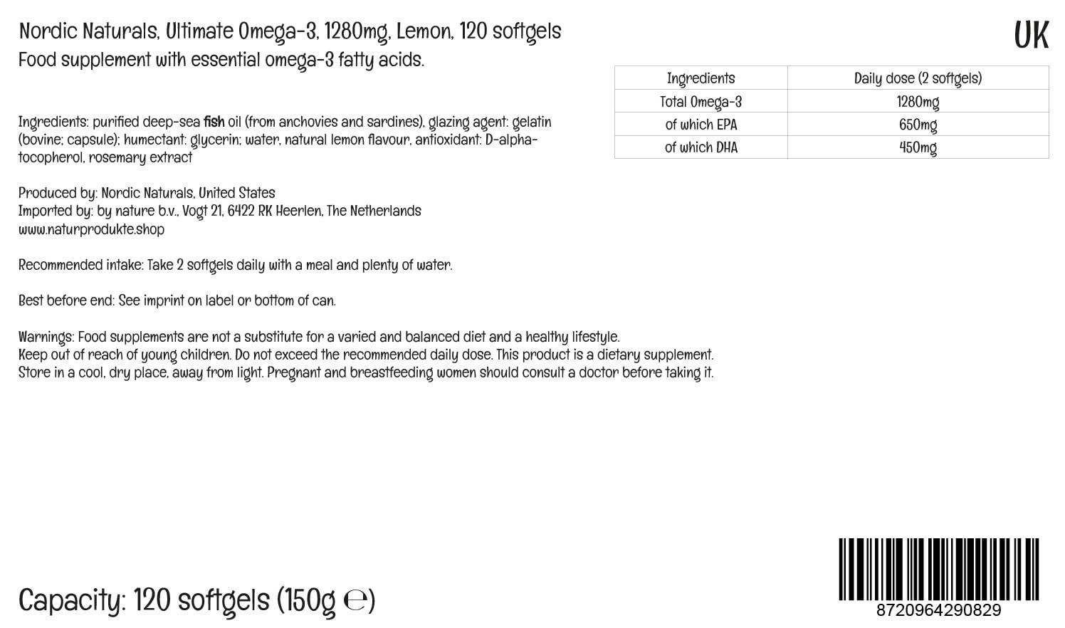Nordic Naturals, Ultimate Omega-3, 1280mg, Sabor Limón, Alta Dosificación, 120 Cápsulas blandas, Testado en Laboratorio, Sin Soja, No GMO (Paquete de 2)