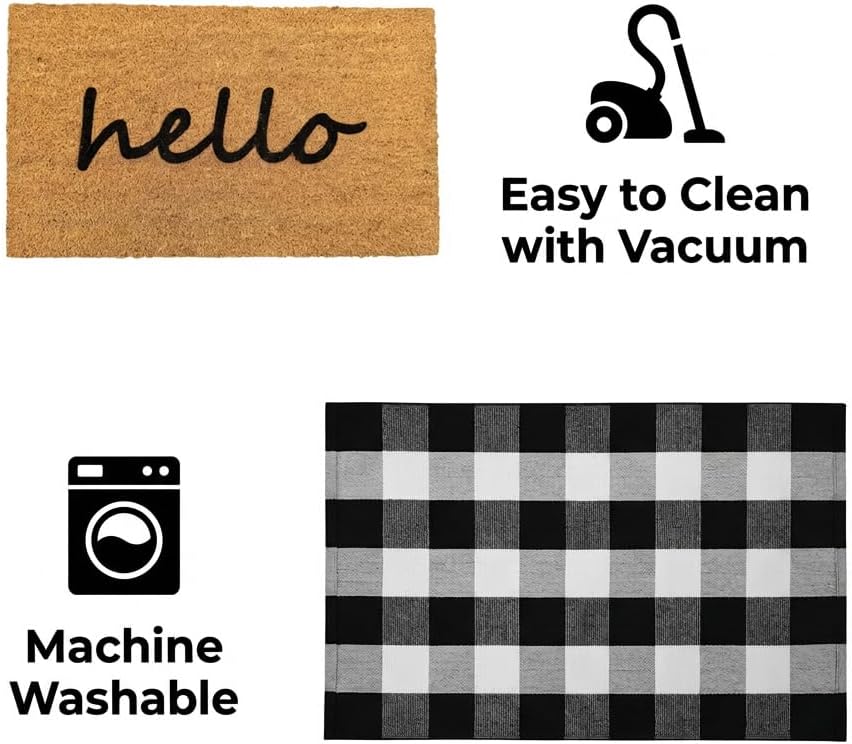 2-Piece Layered Front Doormat Set, Hello Natural Coco Coir Door Mat + 28"x43" Black and White Buffalo Plaid Rug, Non-Slip Backing Outdoor Entryway Decor for Front Porch, Patio, Home