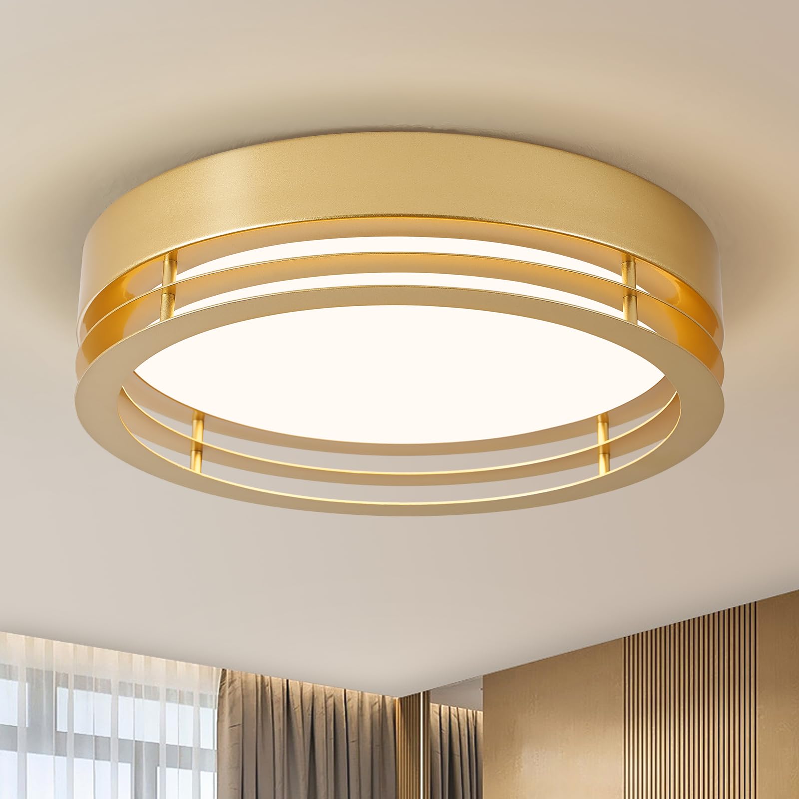 Dimmable Gold Flush Mount Ceiling Light, Modern Round LED Ceiling Lights Fixture, Kitchen Flushmount Light for Bedroom Hallway Laundry Room 2700 K-6000 K 5CCT