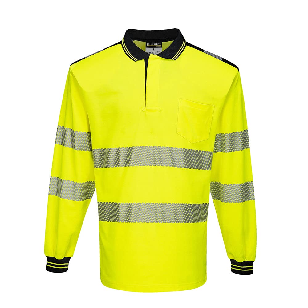 Portwest Yellow / Black Pw3 Hi Vis Cotton Comfort Polo Long Sleeve Shirt