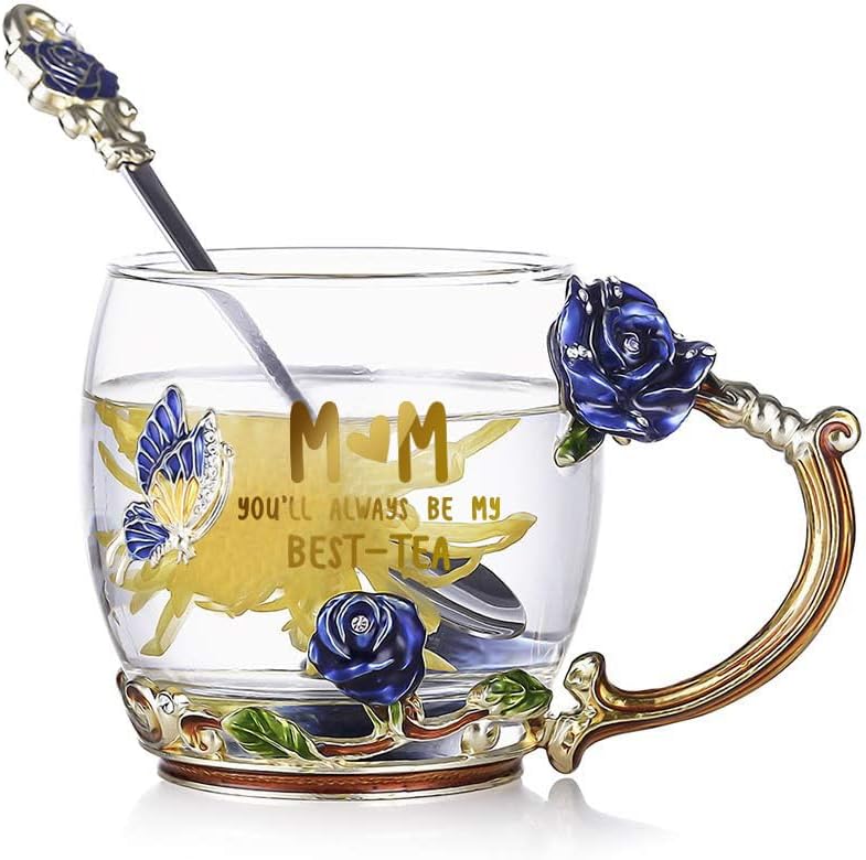 Mothers Day Gifts Butterfly Flower Glass Coffee Mugs Tea Cup with Steel Spoon, Mum Gifts for Women Wife Friends Christmas Birthday Mothers Valentines Day (Mum)
