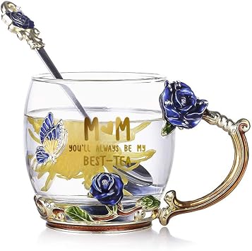 Mothers Day Gifts Butterfly Flower Glass Coffee Mugs Tea Cup with Steel Spoon, Mum Gifts for Women Wife Friends Christmas Birthday Mothers Valentines Day Mum