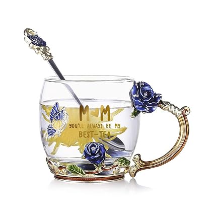 evecase Butterfly Flower Clear Glass Coffee Mugs Tea Cup with Steel Spoon and Gifts Box,Personalised Gifts for Women Wife Mum Teacher Friends Birthday Mothers Day