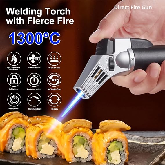 Butane Torch, Mini Torch Kitchen Blow Torch Creme Brulee Torch Refillable Torch Lighter, Cooking Torch with Safety Lock & Adjustable Flame for Baking, Crafts, BBQ (Butane Gas Not Included) (Red)