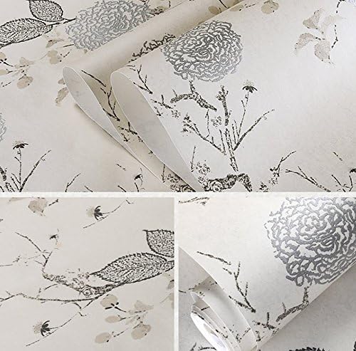 Poowef Wallpaper Modern New Chinese Style Wallpaper, Flower, Bird, Classical Non Woven Fabric Wallpaper, Wallpaper, Bedroom, Wall Paper, Living Room, Chinese Wind Yellow, 0.53 * 10M,Rice Grey