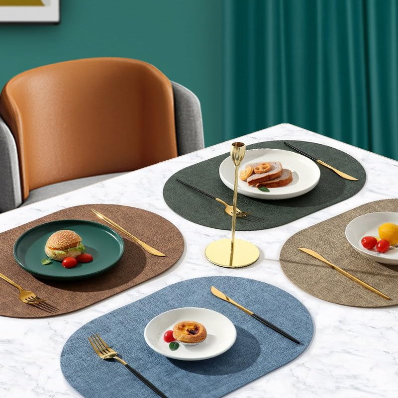 Salvamanteles Individuales, Juego de 4 Manteles Individuales y Posavasos de Cuero Macizo de Doble Cara Manteles Individuales y Posavasos de Cuero Lavables con Forma Ovalada Resistentes Al Cal