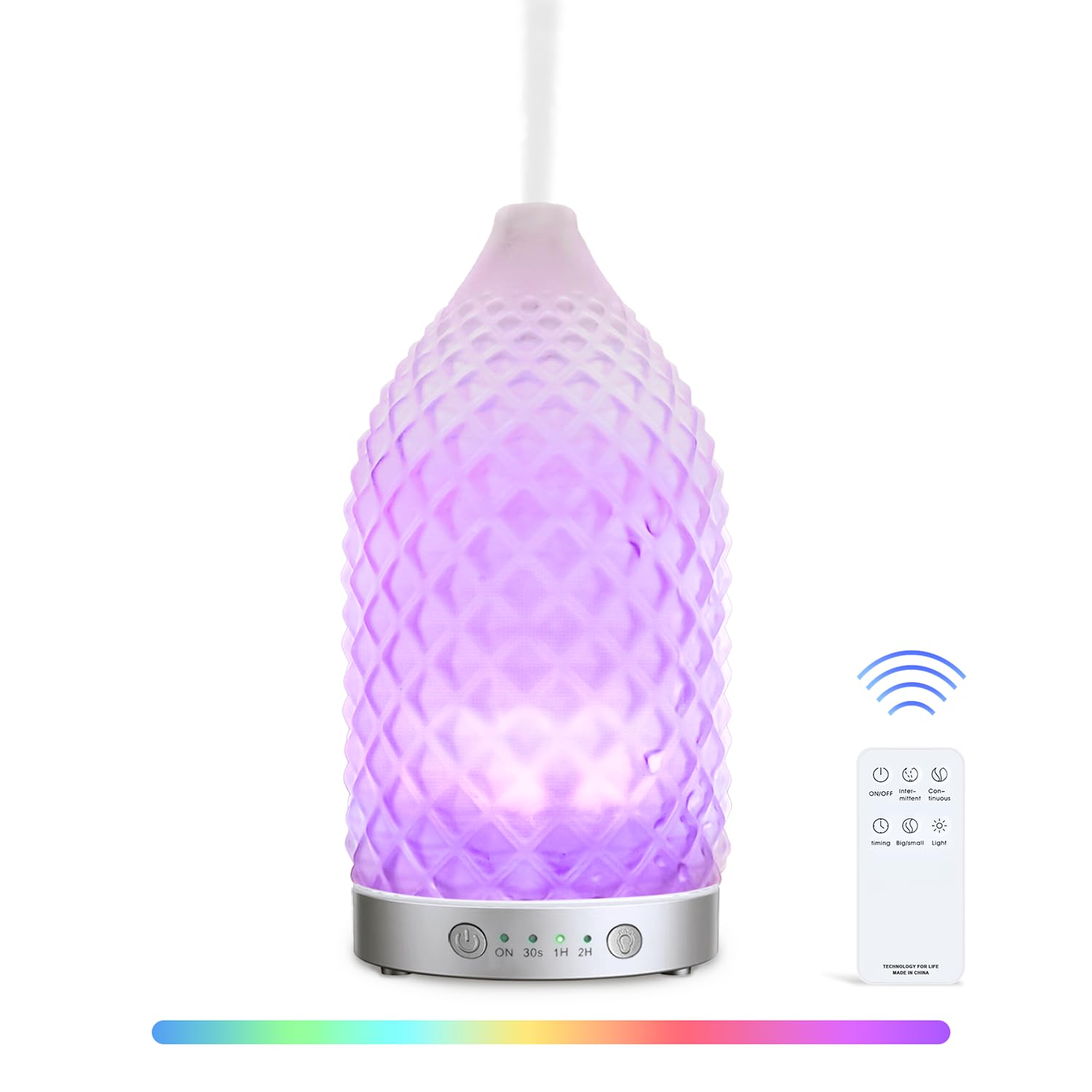 PANGPENG Frosted Glass Essential Oil Diffuser, 7 Colors Ground Glass Diffusers for Essential Oils with 2 Mists Remote Control Auto-Off Timer, 200ML Aromatherapy Diffuser for Home Office (Silver)