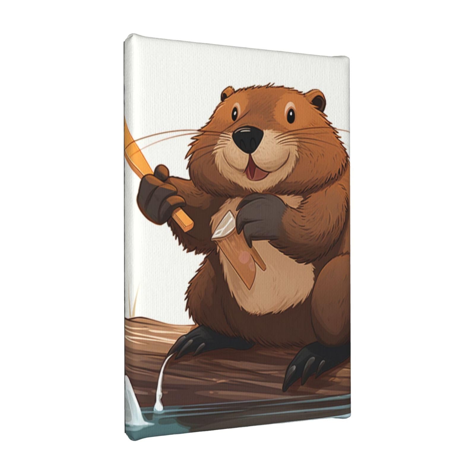 YKLJG beaver working Printed Wall Art Canvas Painting 20x30 CM Wooden Framed Picture Painting Artwork Prints for Bedroom Kitchen Home Office Decor