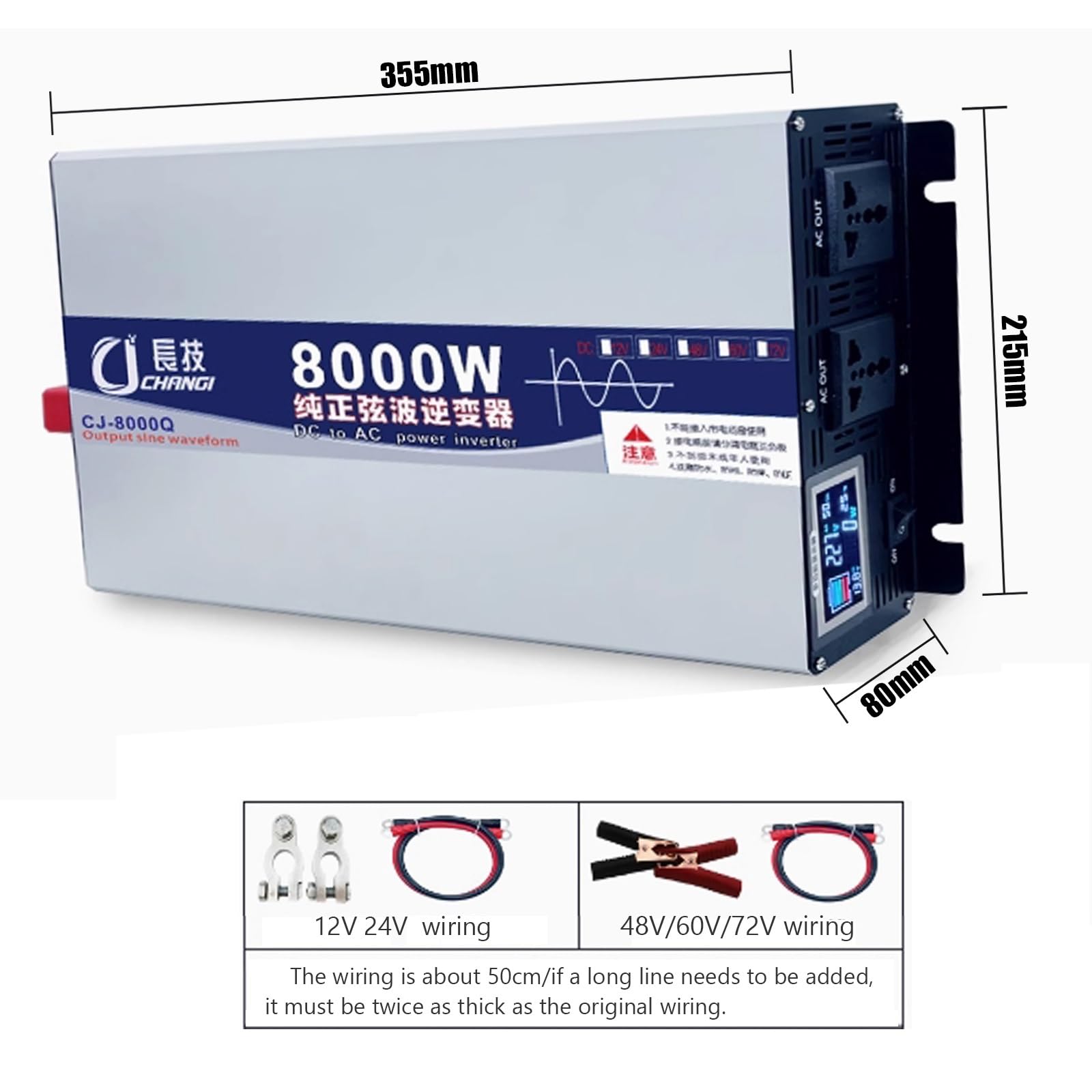 Onda Pura Power Inverter 3500W/5000W/6000W/8000W/10000W/12000W Invertitore di Tensione,Pura Trasformatore con 2 Prese EU e una Telecomando Senza Fili e Display LCD,per auto,camion camper(8000W,24Vto11