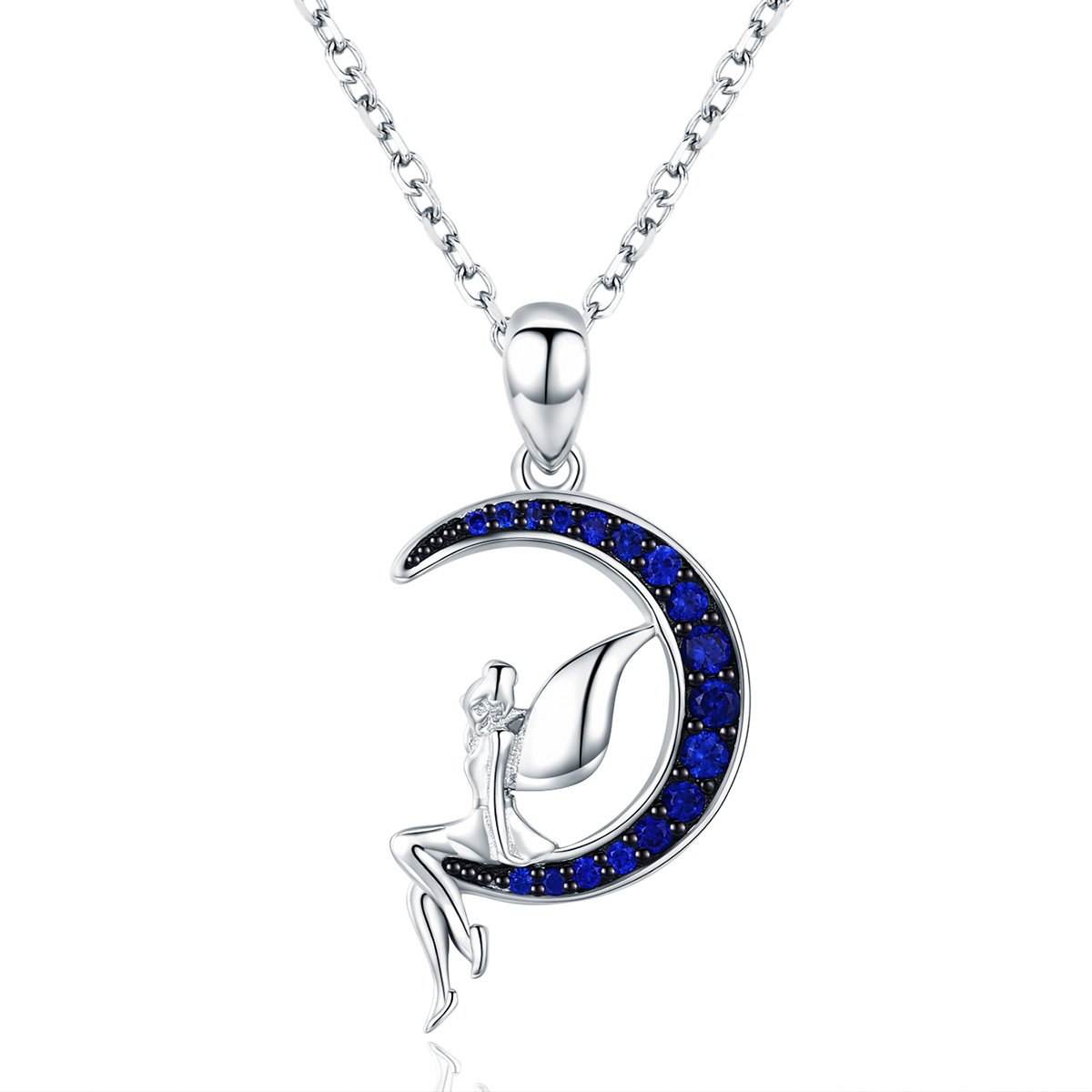 NewL Collar con colgante de plata de ley 925 con diseño de hada de la suerte en luna azul para mujer, joyería de regalo, Plata esterlina Tela Plata de ley, Circonia cúbica