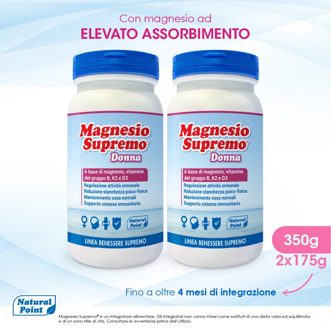 Donna Integratore Ad Elevato Assorbimento 350 g, 2x175 g | Magnesio Citrato In Polvere, con Vitamine B6 B9 B12 K2 D3, Supporto Ormonale Sistema Nervoso Energia Ossa