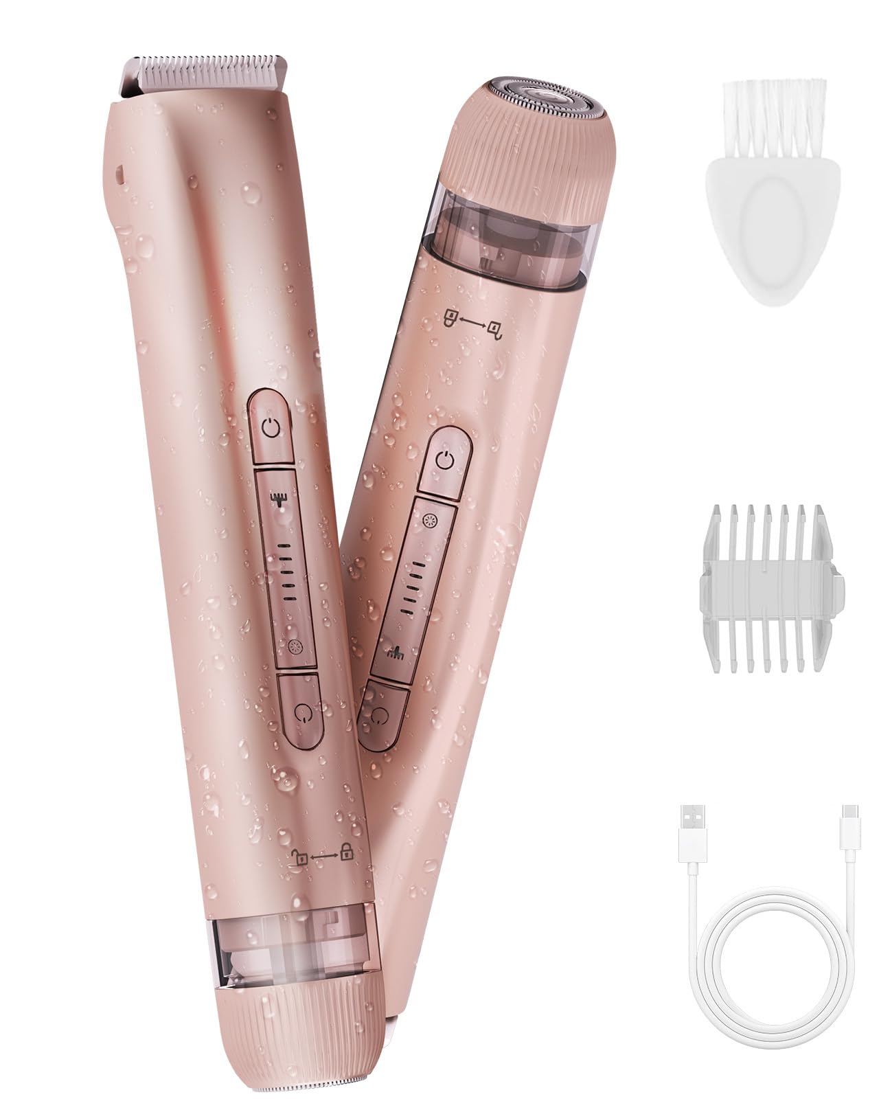 Bikini Trimmer and Shaver Kit for Women - 2-in-1 Electric Body Hair Trimmer Facial Hair Removal Cordless Bikini Shaver Razor Long-Rose