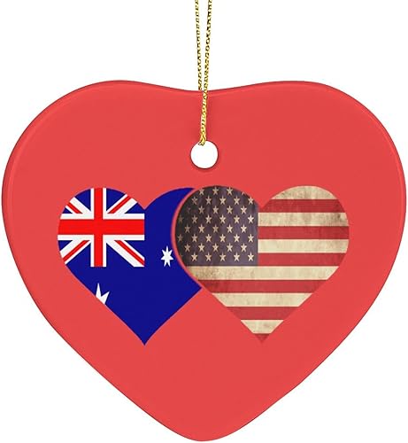 Decoración de Navidad con bandera australiana y estadounidense, adornos de árbol de Navidad en forma de corazón con cuerda para colgar para fiestas