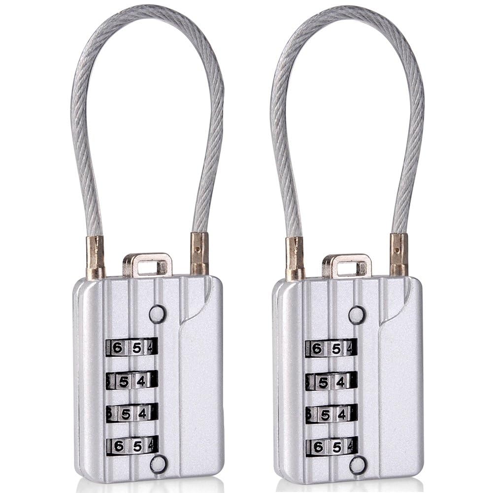 SEPOX Resettable Combination Travel Lock, 11mm 4 Digit Cable Lock for Suitcase, Travel Bag, and Gym Lockers, Filing Cabinets, Toolbox, Case—Silver Pack of 2