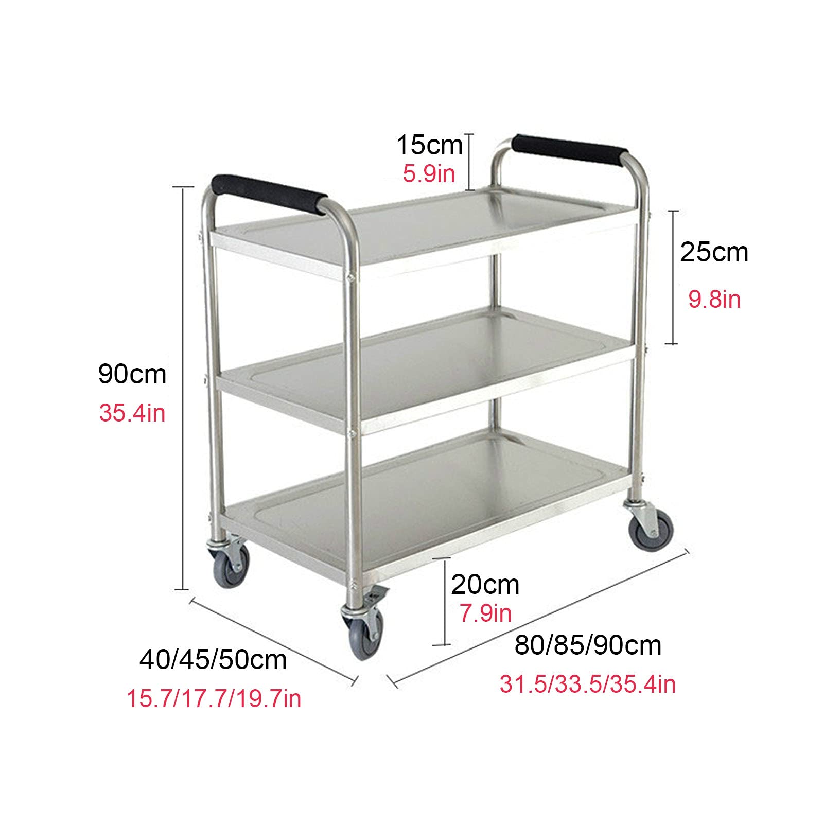 Carrello da portata in acciaio inox a 3 livelli con ruote bloccabili per catering e ristorante, soluzione di archiviazione 85 x 45 x 90 cm