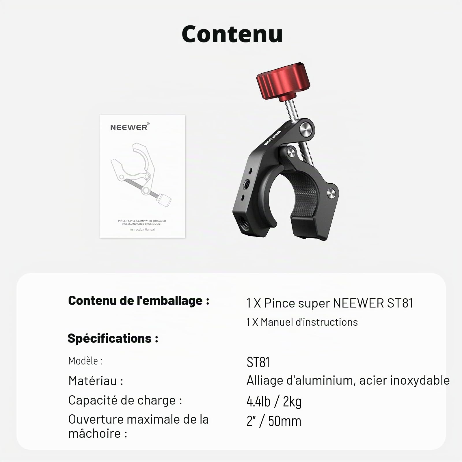 NEEWER Super Clamp Pince avec Sabot Froid et Trous filetés 1/4" 3/8", Charge Max. 4 kg, Support en Forme de Crabe pour la Plupart des Accessoires Photo, Compatible avec SmallRig Magic Arm, Rouge ST81