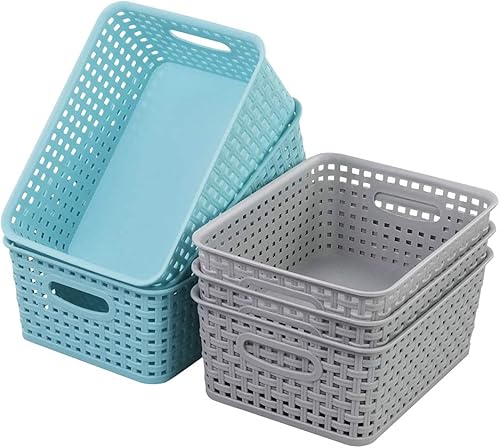 Miniatura 7 de AnnkkyUS Paquete de 6 cestas de ratán de tejido de plástico para almacenamiento, cestas pequeñas