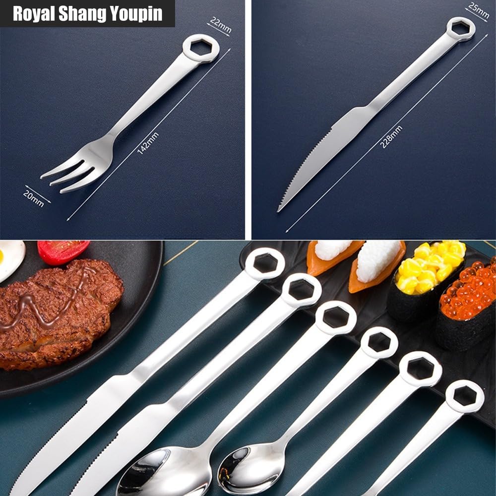 Unico Manico Della Chiave Da Cucina in Acciaio Inox Argenteria Stoviglie Posate Set Di Bistecca Coltello Forchetta Cucchiaio Cucchiaino Tè (A,24 pezzi)