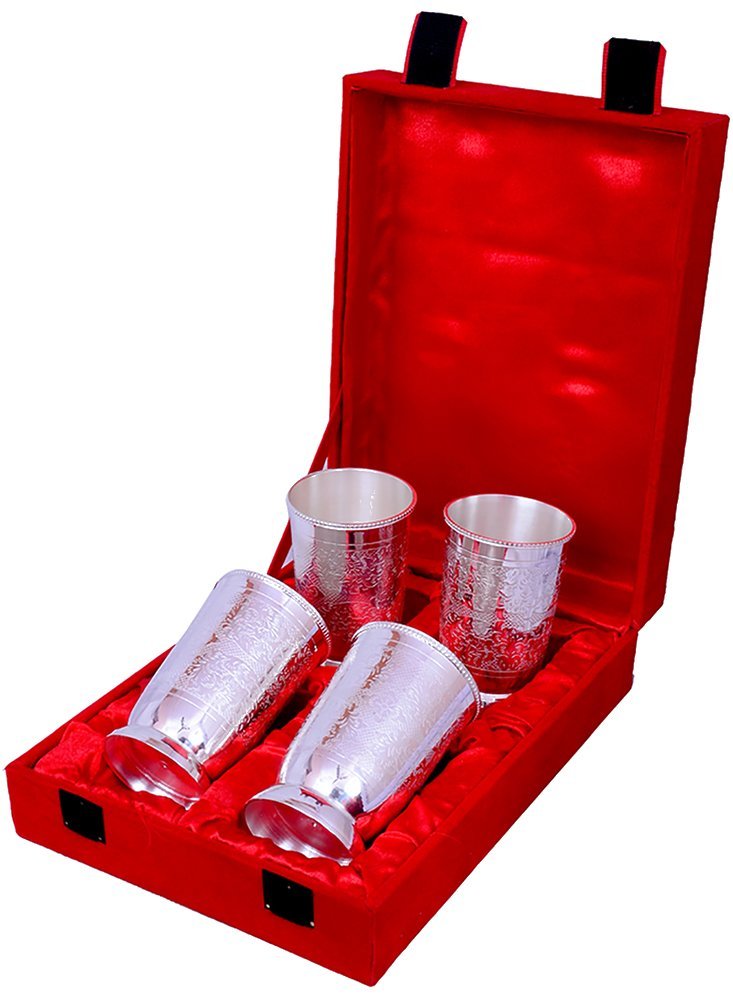 JAIPUR ACE Silver Plated Brass Round Water Glass Tumbler Drinkware with Attractive Design and with Box Set of 4 Pieces
