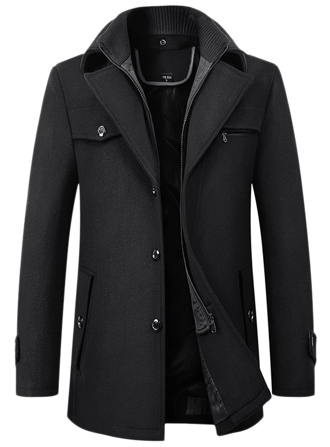 Men's Winter Stylish Wool Blend Single Breasted Military Peacoat |Black |M