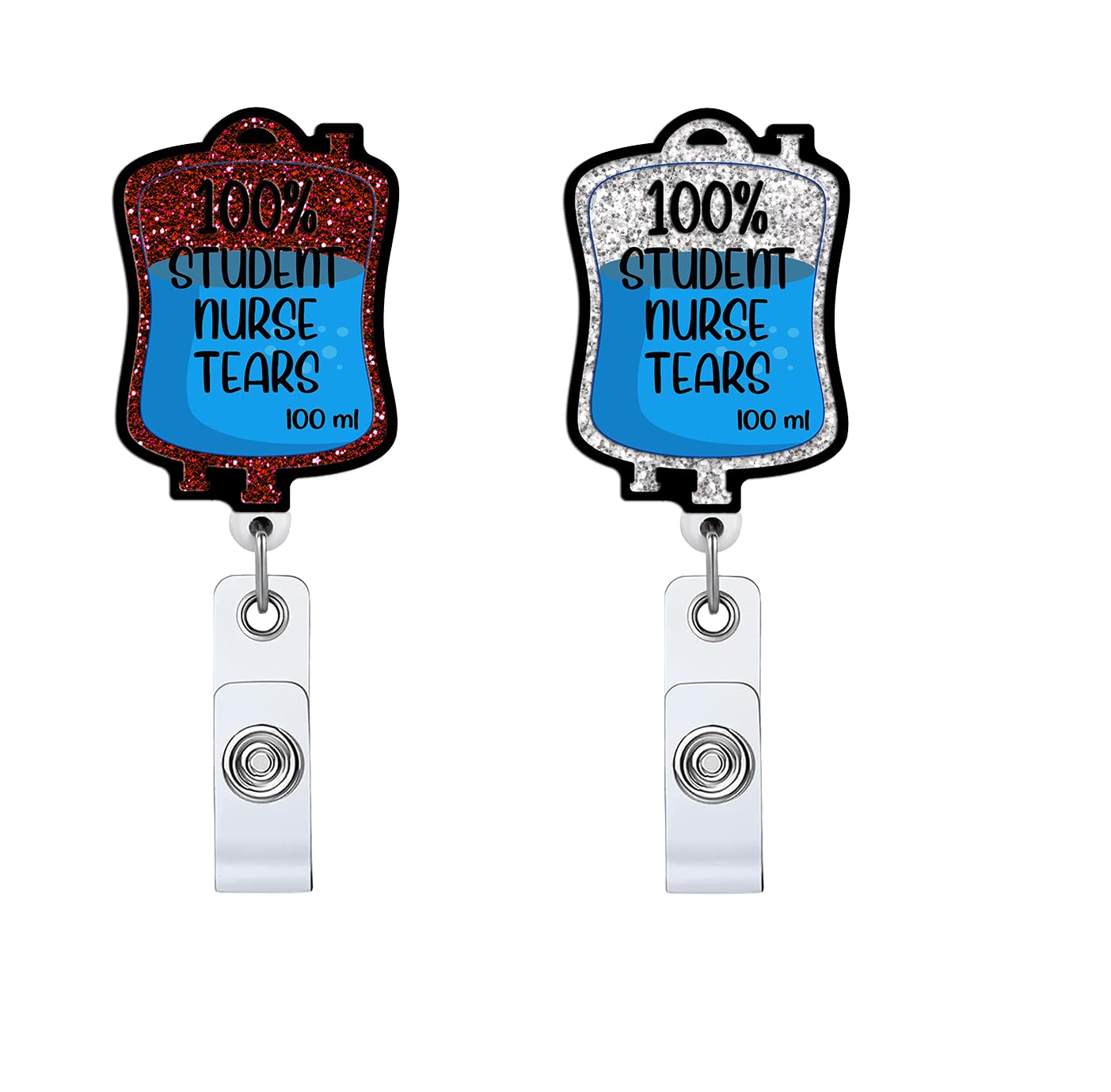 2P Retractable 100% Student Nurse Tears Badge Reel with Alligator Clip, Funny Silver Glitter Saline Pack Badge Holder Gift for Doctors Murses Nursing