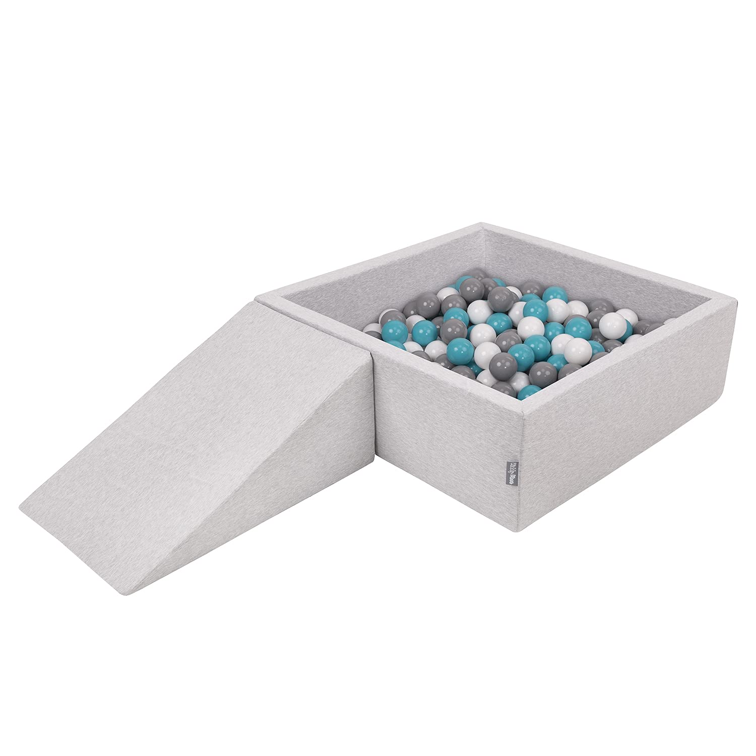 KiddyMoon Foam Playground For Kids With Square Ballpit (100 Balls ∅ 7Cm/2.75In) Soft Obstacles Course And Ball Pool, Made In The EU, Lightgrey:Grey/White/Turquoise