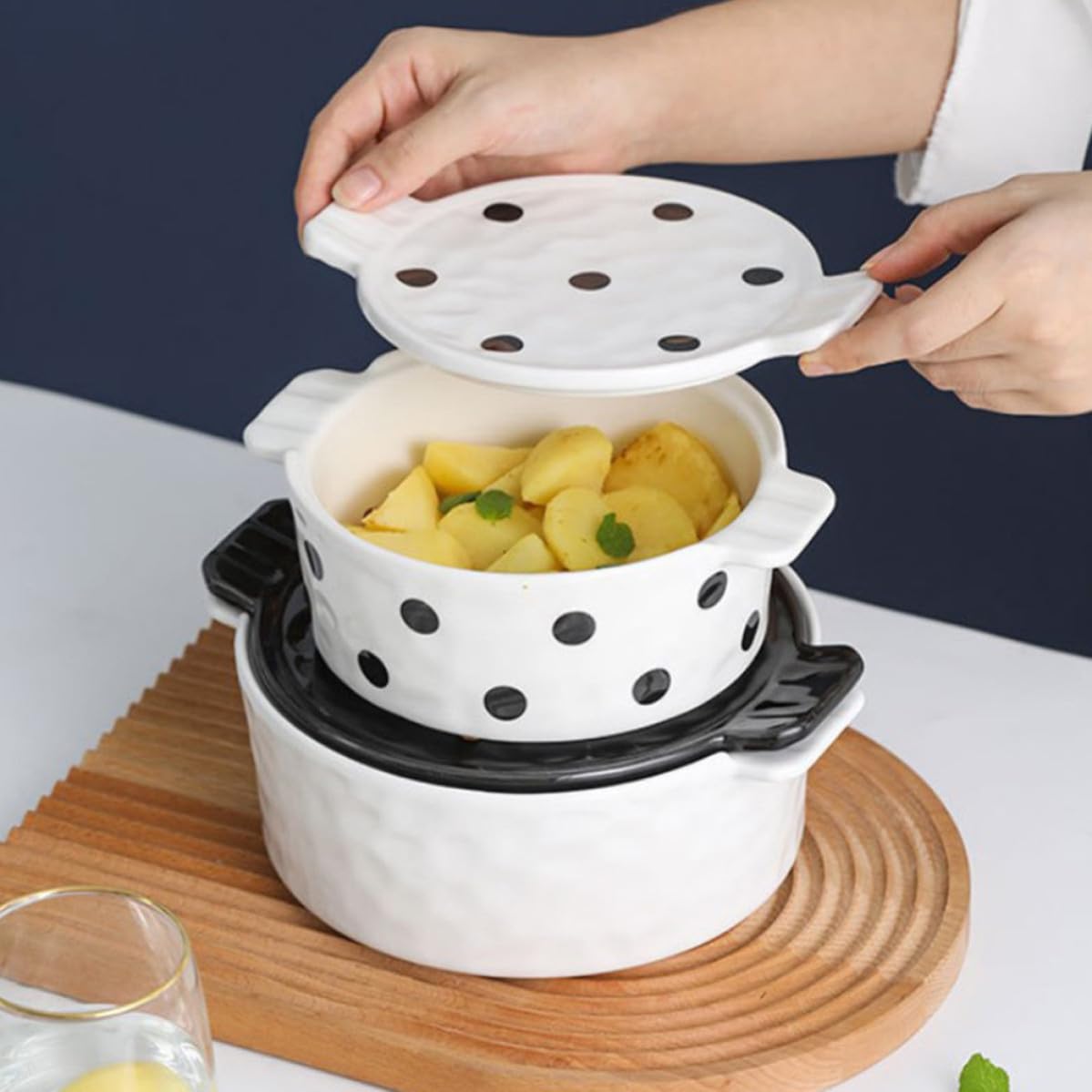 Homoyoyo Ciotola da Forno in Ceramica Bianca con Coperchio e Manici