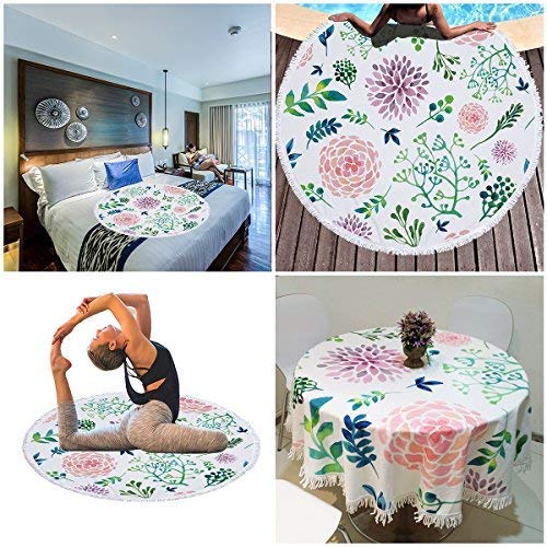 Oversized Round Floral Flower Green Leaf Beach Towel, Thick Soft Circle Table Yoga Mediation Mat Beach Blanket, Soft Microfiber Sand Free Quick Dry Multipurpose Round Tapestry With Tassels 59” #TOP6