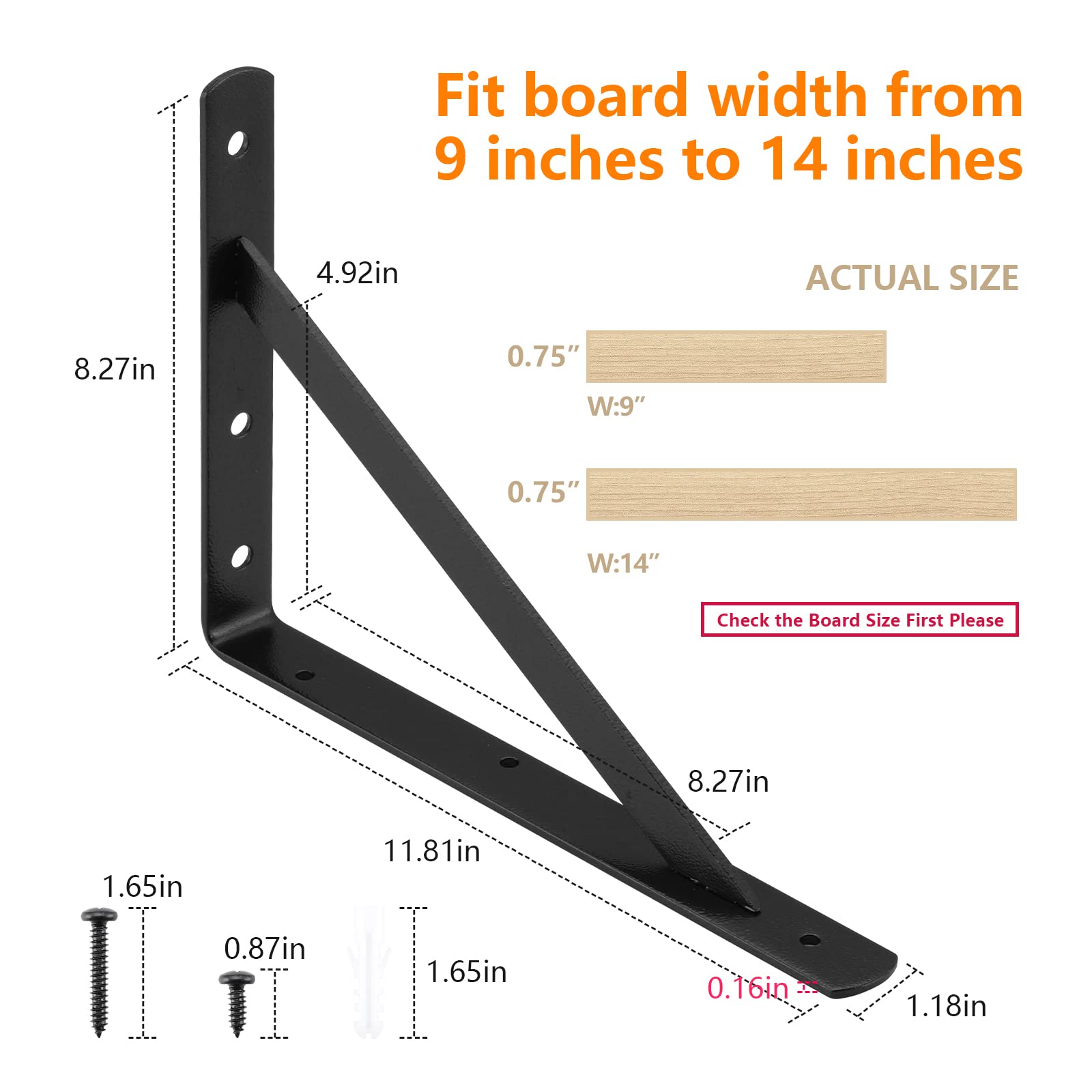 HOME MASTER HARDWARE Robuste Regalhalterungen, 30,5 x 20,3 cm, 6 Stück, schwarze Metallregalstützen, 90 Grad Wandmontage, Winkel, L schwebende Regalhalterung mit Schrauben,