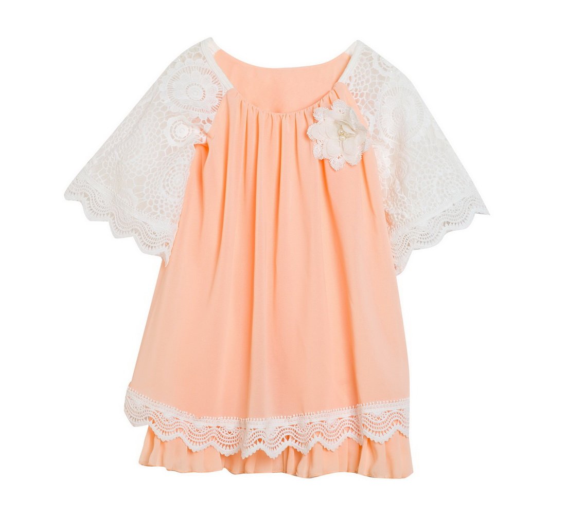 Kids Toddler Little Girls Lace Ruffled Chiffon Tunic Dress T-Shirt Dress 3/4 Short Sleeve Pleated Casual Dress Peach S(2-3Year)