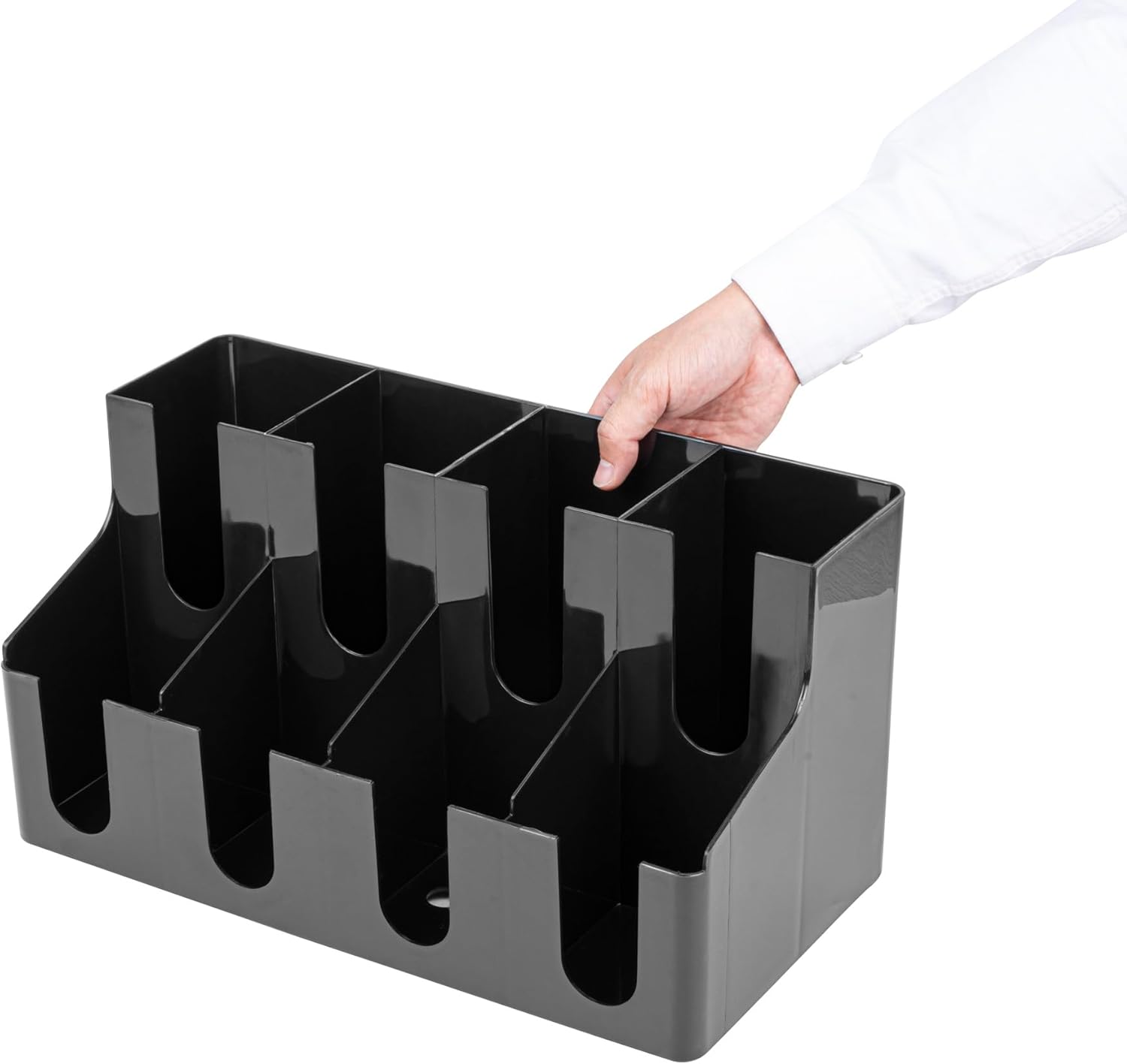Restaurantware Restpresso Coffee Bar Organizer, 1 Count Durable 8 Compartments, Compact Size, Black Plastic Tabletop Coffee Supplies Organizer For Homes, Office Spaces, Breakrooms, and Lounges