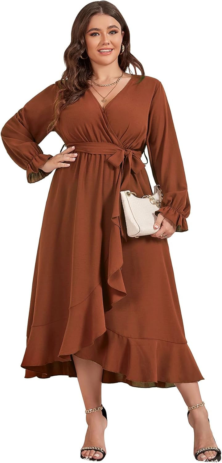SCOMCHIC Women Plus Size Formal Dresses Fall Long Sleeve Faux Wrap V Neck High Low Ruffle Cocktail Wedding Guest Maxi Dress - Image 2