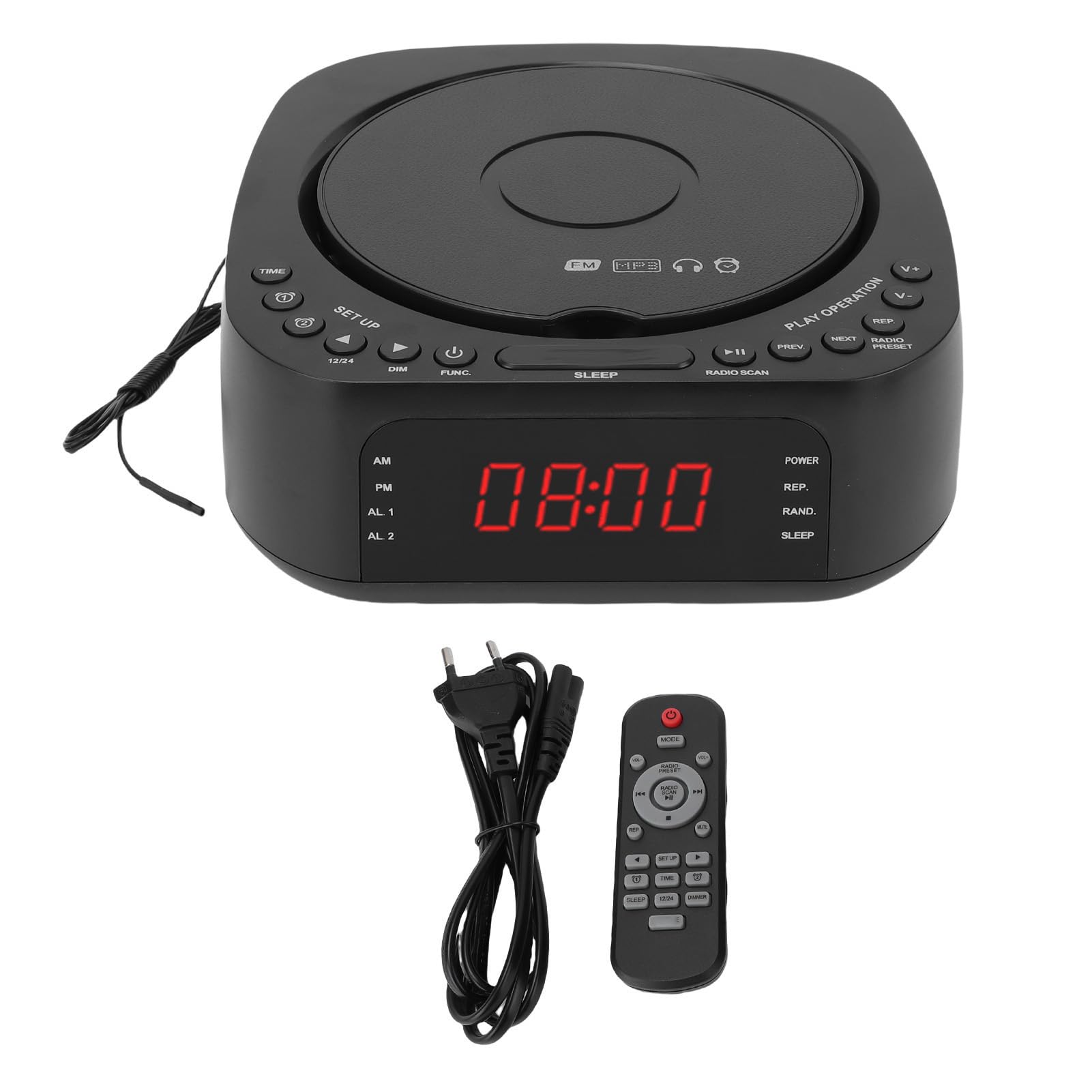 Odtwarzacz CD Budzik z Głośnikiem Pilot Zdalnego Sterowania Ładowanie USB Możliwość Przyciemniania Wyświetlacz Pulpit Radio BT do Sypialni, Półki na Książki, Domu (Wtyczka UE)