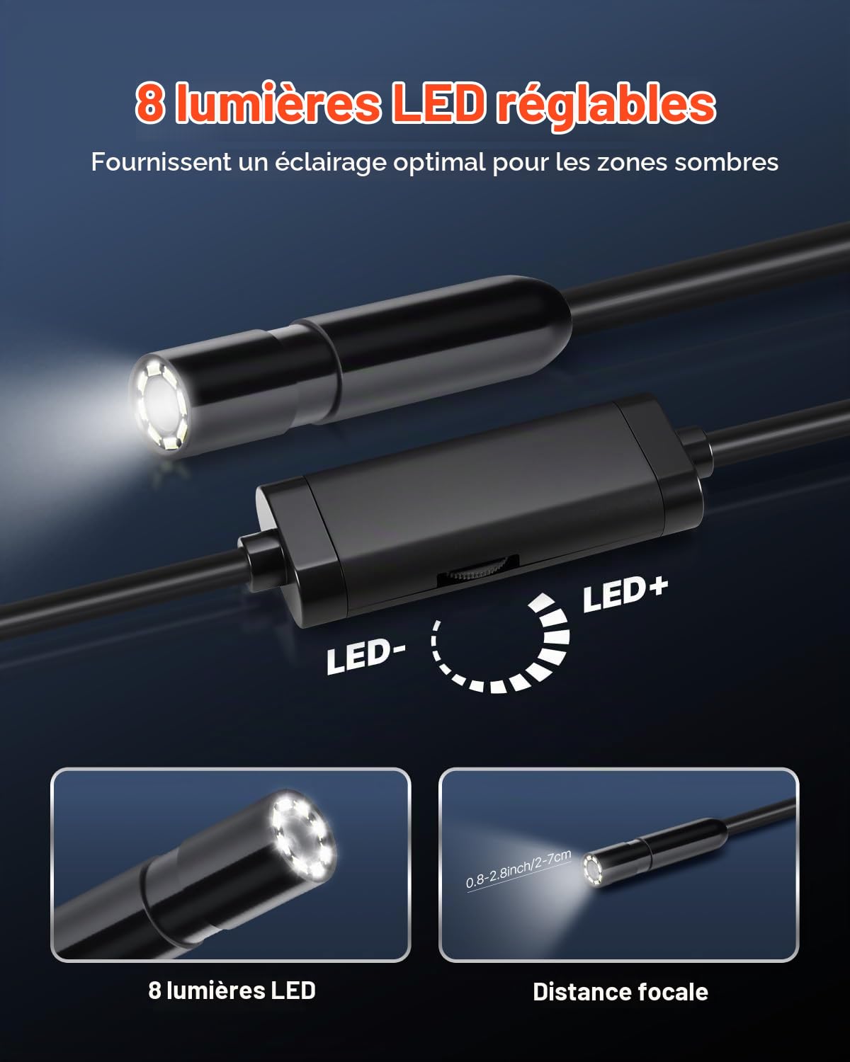 VEVOR Caméra Endoscopique avec Câble Semi-rigide 15 m, Endoscope HD 1920p pour Android et iOS, avec 8 Lumières LED Réglables, Zoom, Étanche IP67, Caméra Serpent d'Inspection pour Automobile, Plomberie